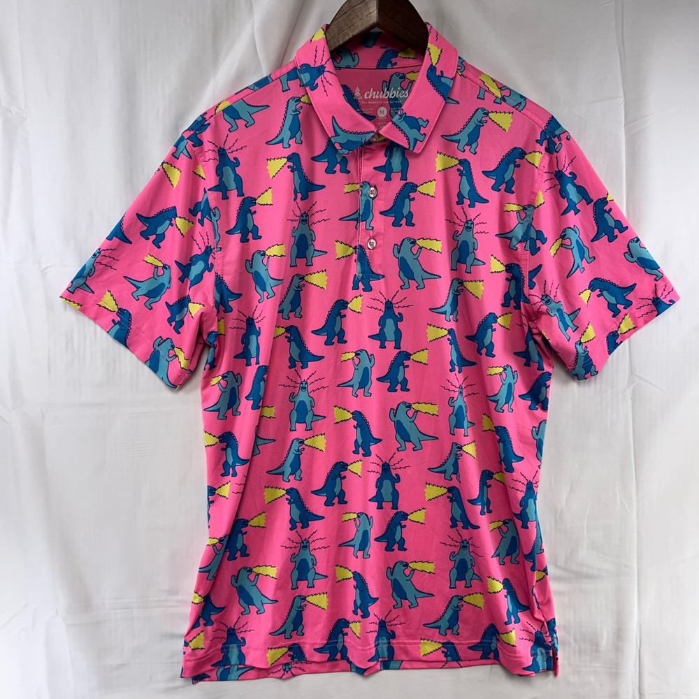 Chubbies Polo Shirt Mens Medium Pink Dinosaur Print Performance Stretch Golf
